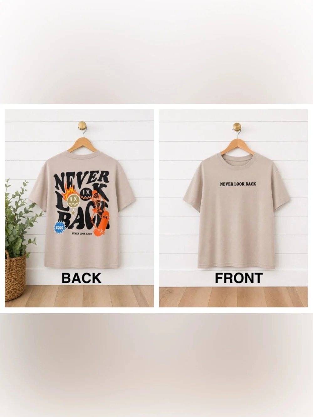 🔥UOUA “Never Look Back” Graphic Tee | Youth Small | Beige Streetwear T-Shirt